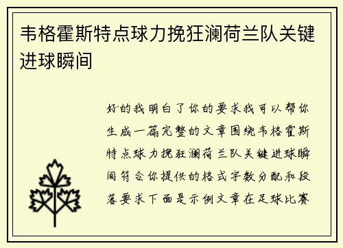 韦格霍斯特点球力挽狂澜荷兰队关键进球瞬间