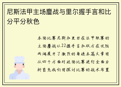 尼斯法甲主场鏖战与里尔握手言和比分平分秋色