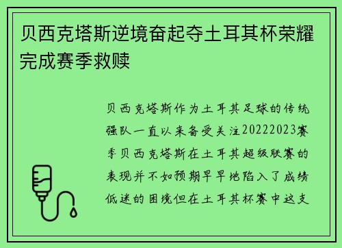 贝西克塔斯逆境奋起夺土耳其杯荣耀完成赛季救赎